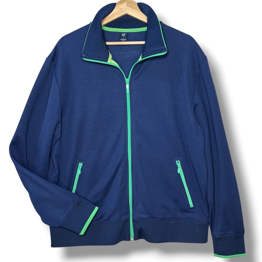 GAP Men Navy Blue Zip Up Track Jacket Green Trim Size L‎ Y2K Retro Sporty Preppy